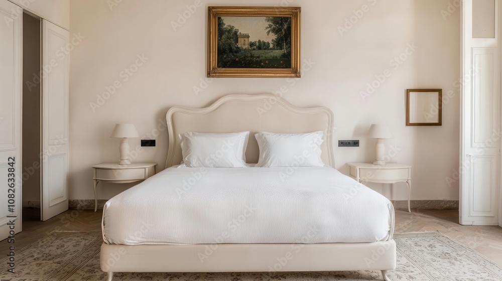 Elegant bedroom with ornate bed frame, soft pastel artwork, luxurious textiles, natural light Elegant bedroom with ornate bed frame, soft pastel artwork, luxurious textiles, natural light