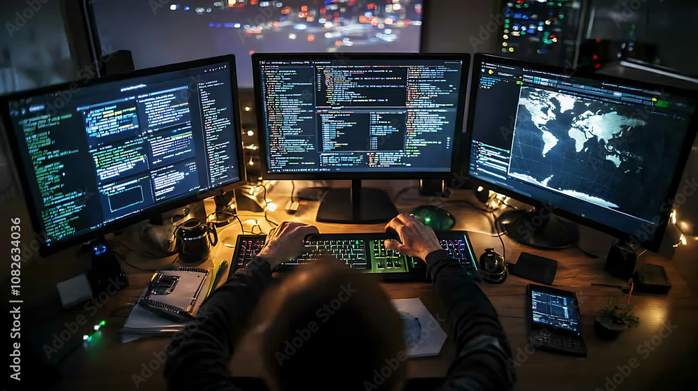 person working on multiple monitors with coding and data analysis, surrounded by modern workspace. atmosphere is focused and tech savvy, ideal for digital professionals person working on multiple monitors with coding and data analysis, surrounded by modern workspace. atmosphere is focused and tech savvy, ideal for digital professionals