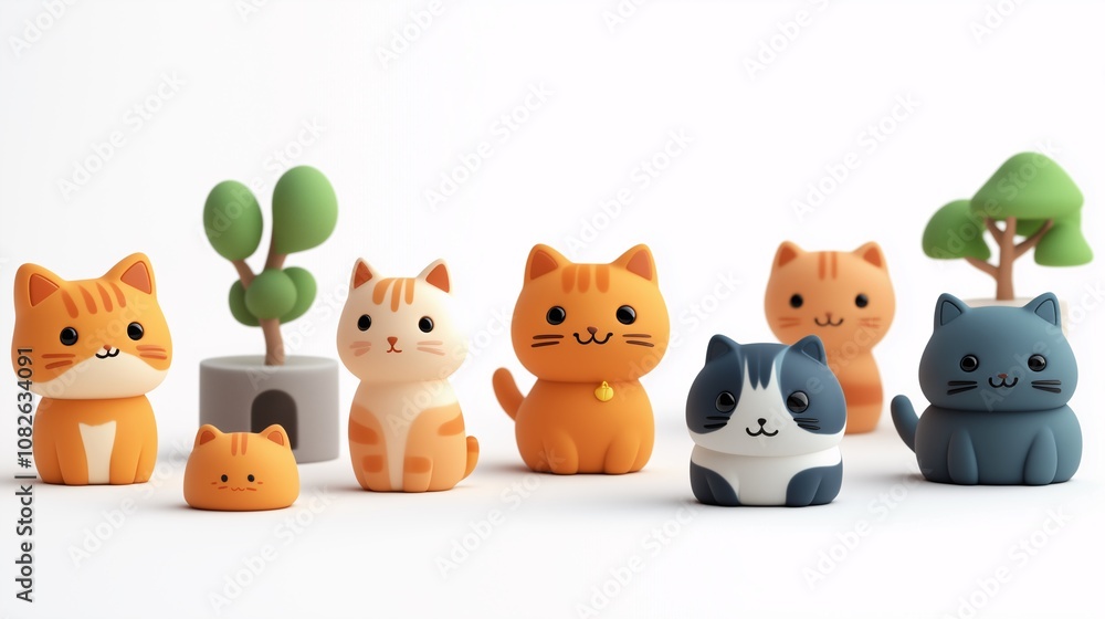 Naklejka premium Forest Cat Family: Adorable Cat Figures in Harmony with Nature