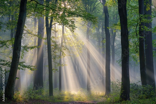 A peaceful scene a foggy morning in the woods with rays sunlight breaking through the trees, capturing the tranquility nature