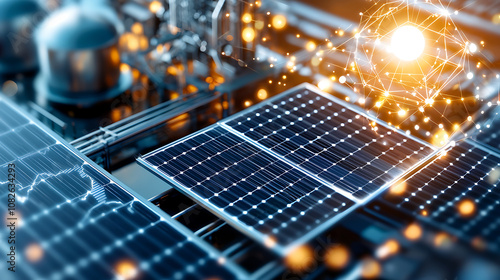 Aerial view of solar panels with digital connections and energy flow. This captures innovative technology of renewable energy, showcasing solar power potential