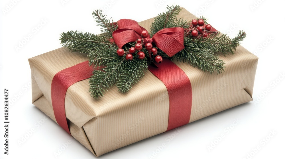 Gold gift box with a red ribbon and sprigs of greenery.