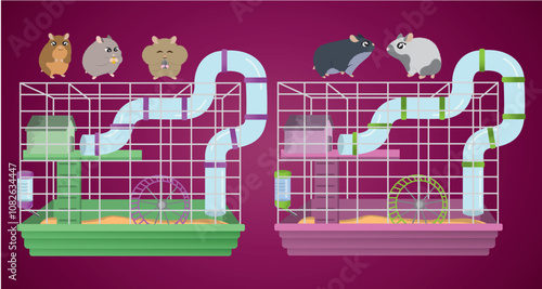 set of hamsters with their cage, vector illustration, cute and tender hamsters, caticarura
