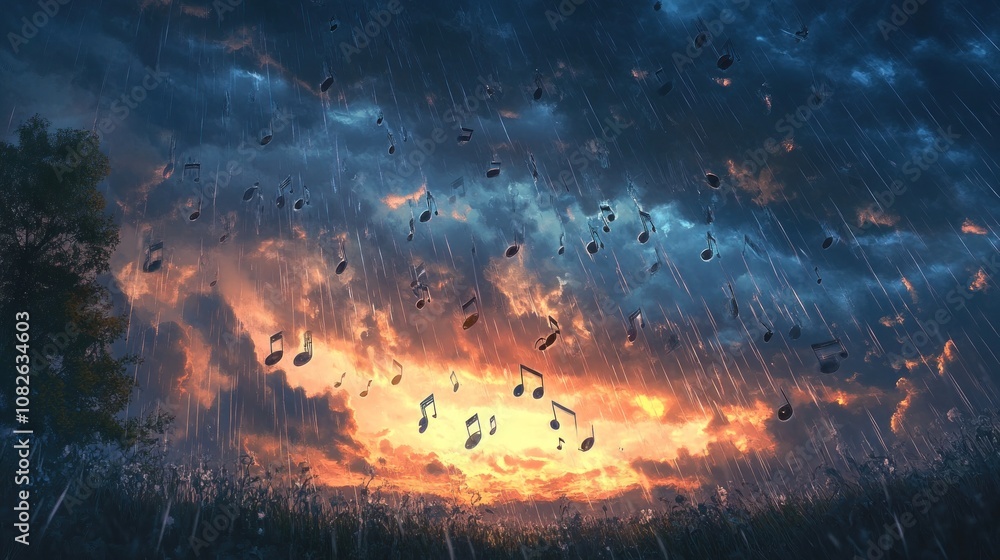 Visualize a stormy sky where the rain is made of musical notes, falling gently to the ground. Visualize a stormy sky where the rain is made of musical notes, falling gently to the ground.