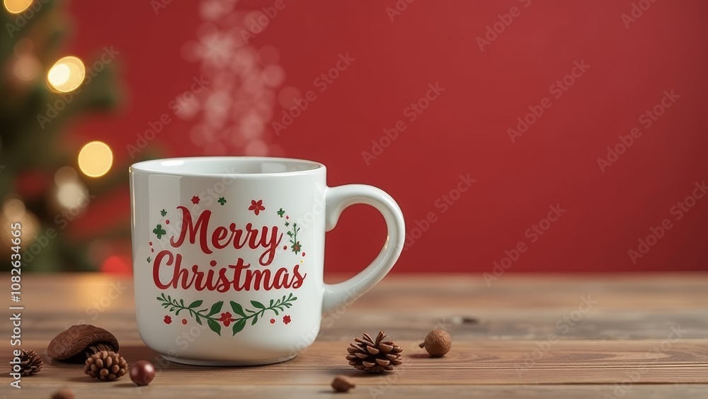 Fototapeta premium Christmas hot mug merry christmas on the wooden table on a red background, tea or coffee, copy space