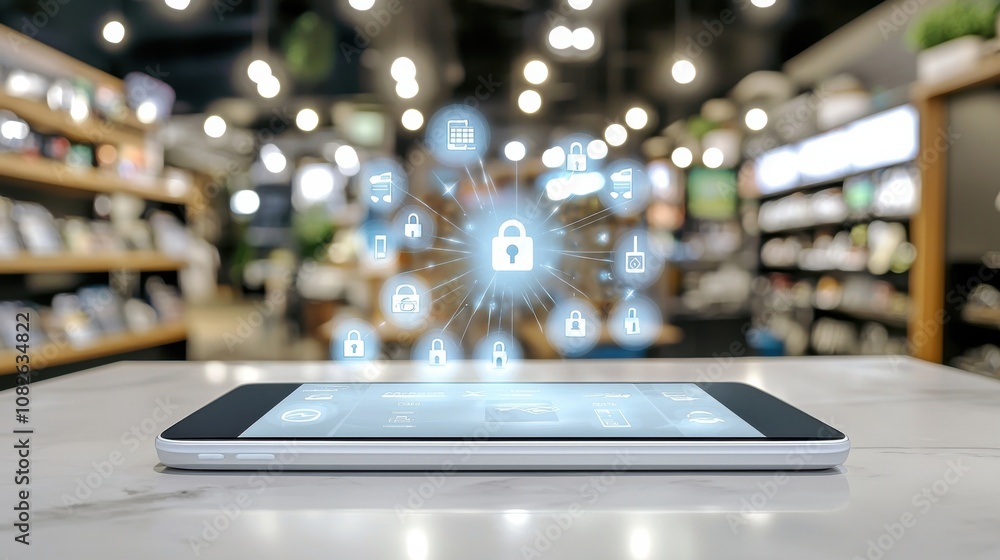 Secure payment display retail store digital interface modern environment close-up view cybersecurity concept