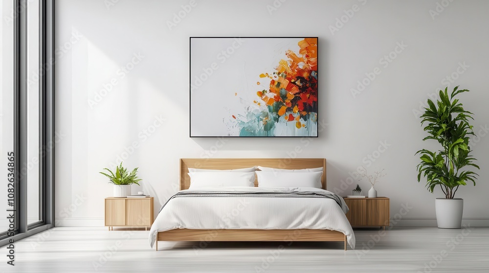 Fototapeta premium Modern bedroom with minimalist bed frame, large abstract painting above, sleek decor, open bright space