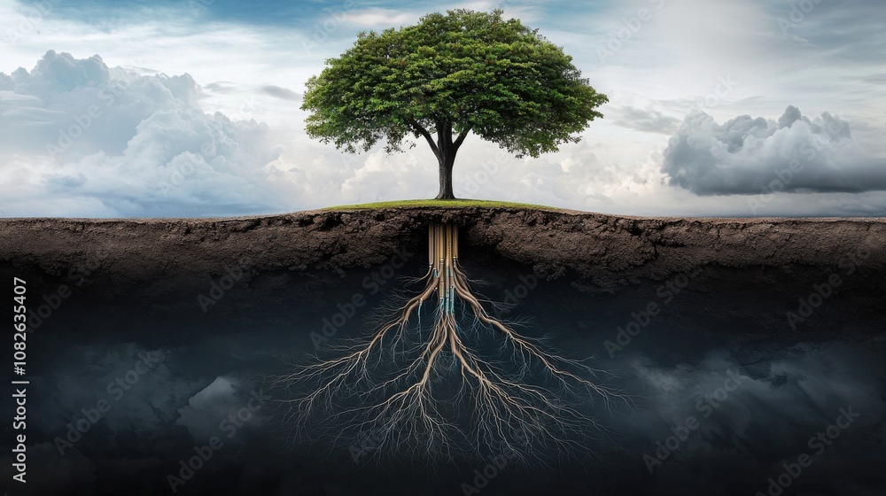 Tree growth transforming roots into digital cables nature illustration earthy landscape ground view technology concept