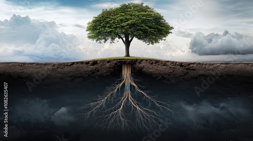 Obraz na płótnie Tree growth transforming roots into digital cables nature illustration earthy landscape ground view technology concept w salonie