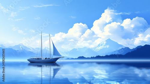 A royal yacht sailing on a serene lake. Exquisite. Illustration photo