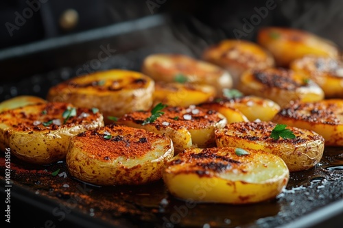 Culinary artistry: chef seasoning roasted potato slices with paprika and salt for gourmet cooking