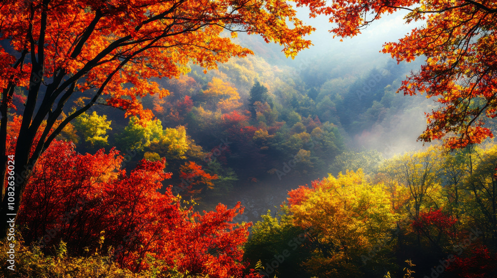 Colorful autumn foliage in a serene valley with mist rising and vibrant trees under soft sunlight Colorful autumn foliage in a serene valley with mist rising and vibrant trees under soft sunlight