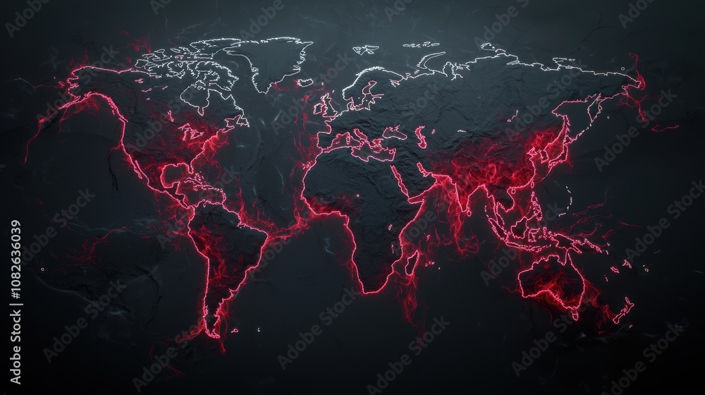 Global economic crisis zones map worldwide digital graphic dark environment top-down view economic analysis