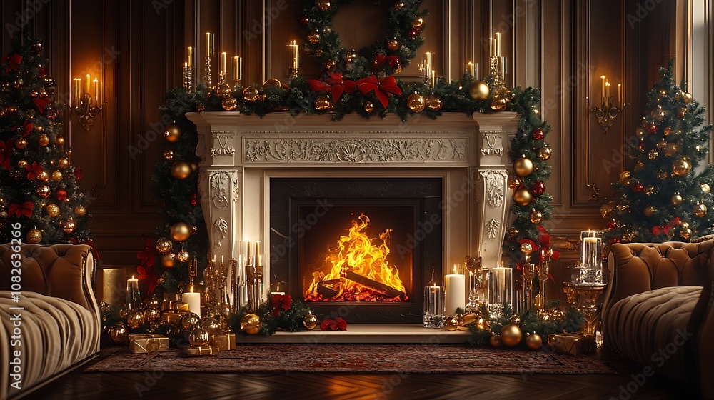 A luxurious holiday setting featuring a fireplace adorned with lavish garlands, golden ornaments, and high-end crystal candlesticks, surrounded by plush velvet furniture A luxurious holiday setting featuring a fireplace adorned with lavish garlands, golden ornaments, and high-end crystal candlesticks, surrounded by plush velvet furniture