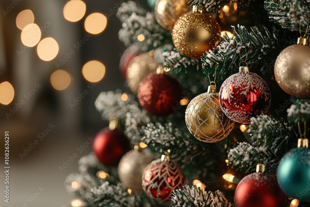 Closeup of a decorated christmas tree with ornaments indoor setting photography cozy environment festive spirit Closeup of a decorated christmas tree with ornaments indoor setting photography cozy environment festive spirit