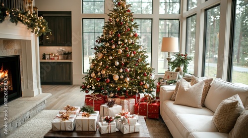 Christmas tree decorating event cozy living room holiday decor festive environment warm viewpoint family gathering