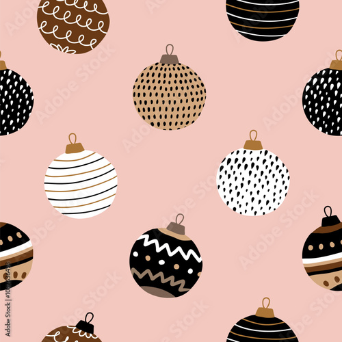 Christmas Seamless Vector Pattern. Funny Hand Drawn Baubles. Cute Endless Illustration of Funny Christmas Tree Balls on a Light Pink Background. Infantile Drawing-like Xmas Pattern with Baubles.