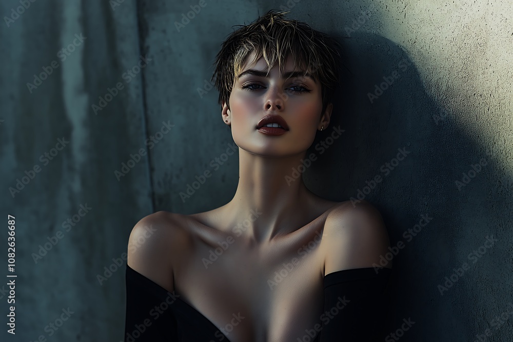 portrait of a woman, fashion photo, Caucasian model, short hair, urban chic, moody lighting, concrete wall background, strong pose portrait of a woman, fashion photo, Caucasian model, short hair, urban chic, moody lighting, concrete wall background, strong pose