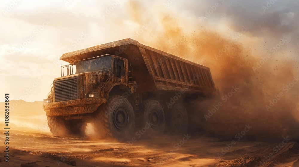 A large dump truck drives on a dirt road, kicking up a cloud of dust. A large dump truck drives on a dirt road, kicking up a cloud of dust.