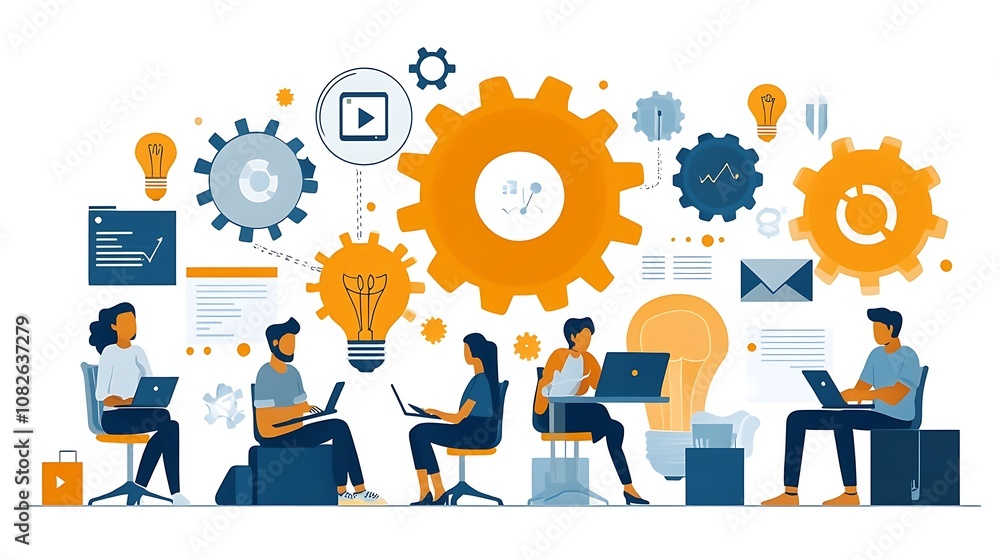 Business team working on mobile phones and laptop with business ideas icons Business team working on mobile phones and laptop with business ideas icons