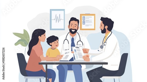 A health insurance agent discussing various coverage plans with a family, helping them choose the best option.