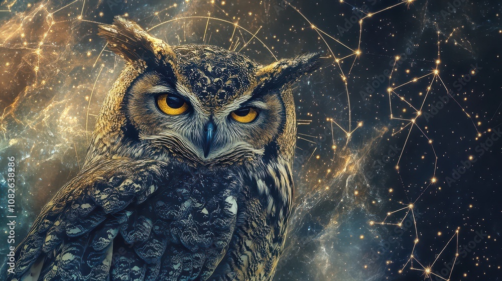 Wisdom owl on Virgo's shoulder weaving constellations into a cosmic tapestry: Intricate fabric details, golden ratio composition, ideal for analytical astrology & personal growth. High resolution. Wisdom owl on Virgo's shoulder weaving constellations into a cosmic tapestry: Intricate fabric details, golden ratio composition, ideal for analytical astrology & personal growth. High resolution.
