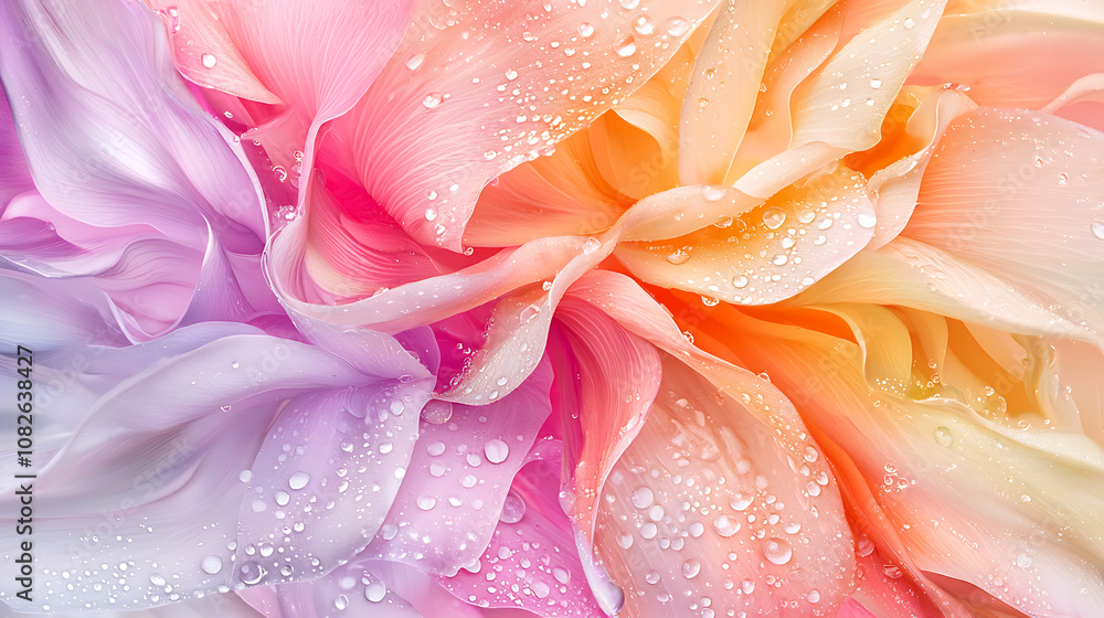 Obraz premium Delicate flower petals in soft pastel colors with dew droplets create serene and refreshing atmosphere. intricate details and vibrant hues evoke sense of tranquility and beauty