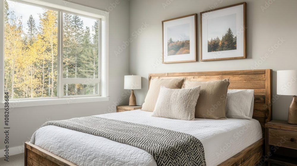 Rustic bedroom with distressed wood bed frame, mountain landscape artwork, cozy blankets, warm lighting Rustic bedroom with distressed wood bed frame, mountain landscape artwork, cozy blankets, warm lighting
