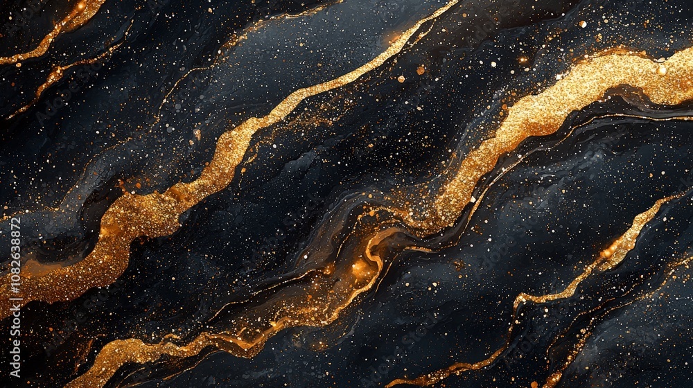 A luxurious abstract design featuring black and gold swirling patterns. A luxurious abstract design featuring black and gold swirling patterns.