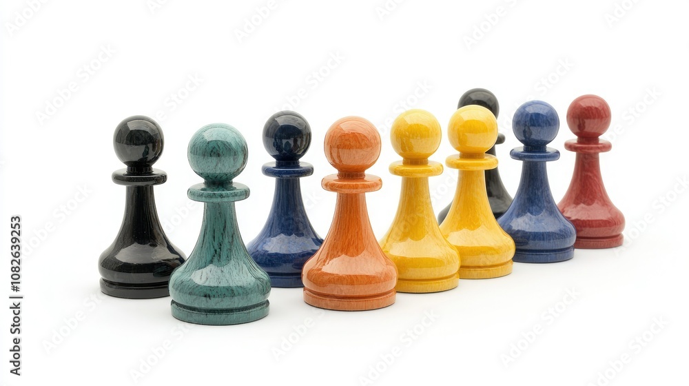 Colorful Wooden Pawns Arranged in a Row on a White Background for Board Game Concept, Strategy, and Competition Imagery for Creative Projects Colorful Wooden Pawns Arranged in a Row on a White Background for Board Game Concept, Strategy, and Competition Imagery for Creative Projects