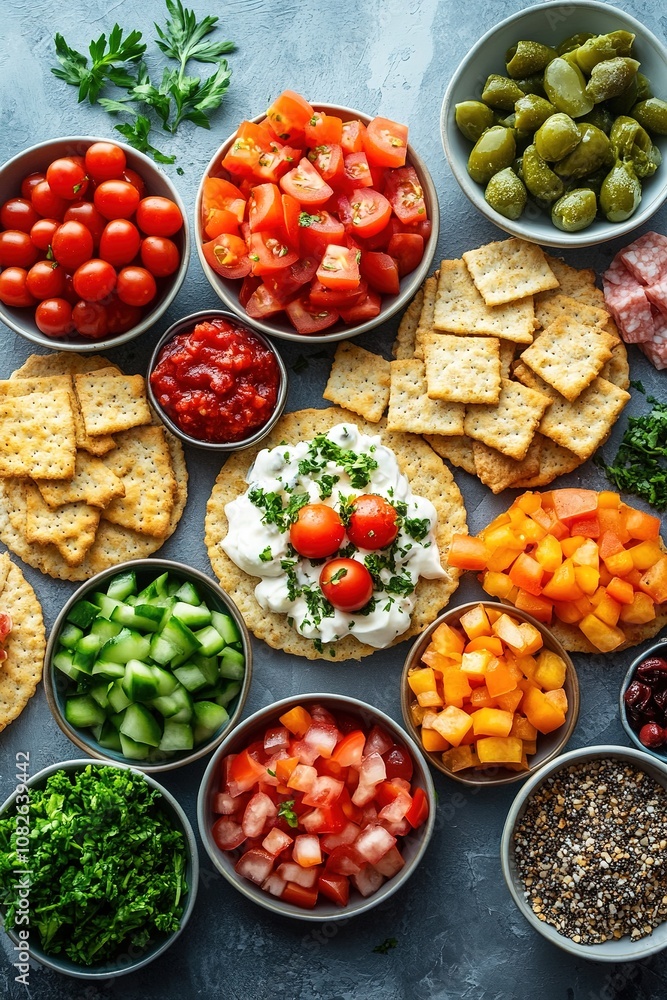 Assorted fresh vegetables and snacks on blue background Assorted fresh vegetables and snacks on blue background