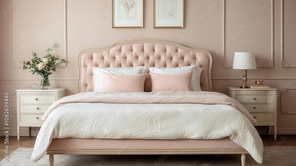 Fototapeta premium Elegant bedroom with ornate bed frame, soft pastel artwork, luxurious textiles, natural light