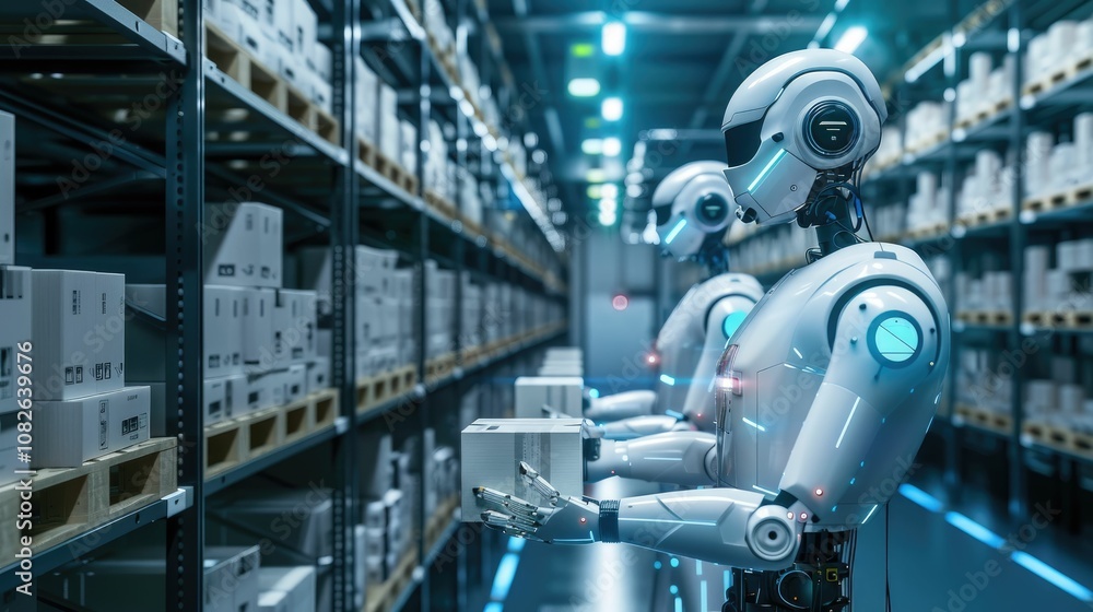 High-tech robotic arms sorting packages in a modern storage facility High-tech robotic arms sorting packages in a modern storage facility