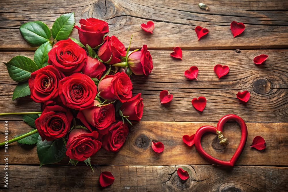 Romantic Aerial View of Roses and Heart-Shaped Arrangement on a Rustic Wooden Board, Perfect for Valentine's Day & Wedding Celebrations, Emphasizing Love and Beauty in Nature Romantic Aerial View of Roses and Heart-Shaped Arrangement on a Rustic Wooden Board, Perfect for Valentine's Day & Wedding Celebrations, Emphasizing Love and Beauty in Nature