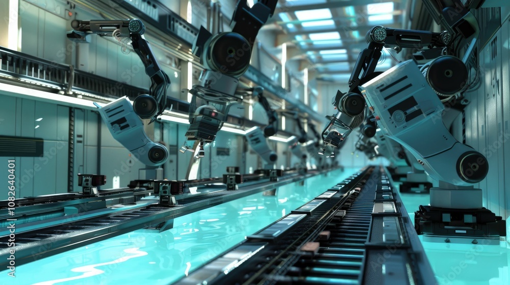 High-tech robotic arms sorting packages in a modern storage facility High-tech robotic arms sorting packages in a modern storage facility
