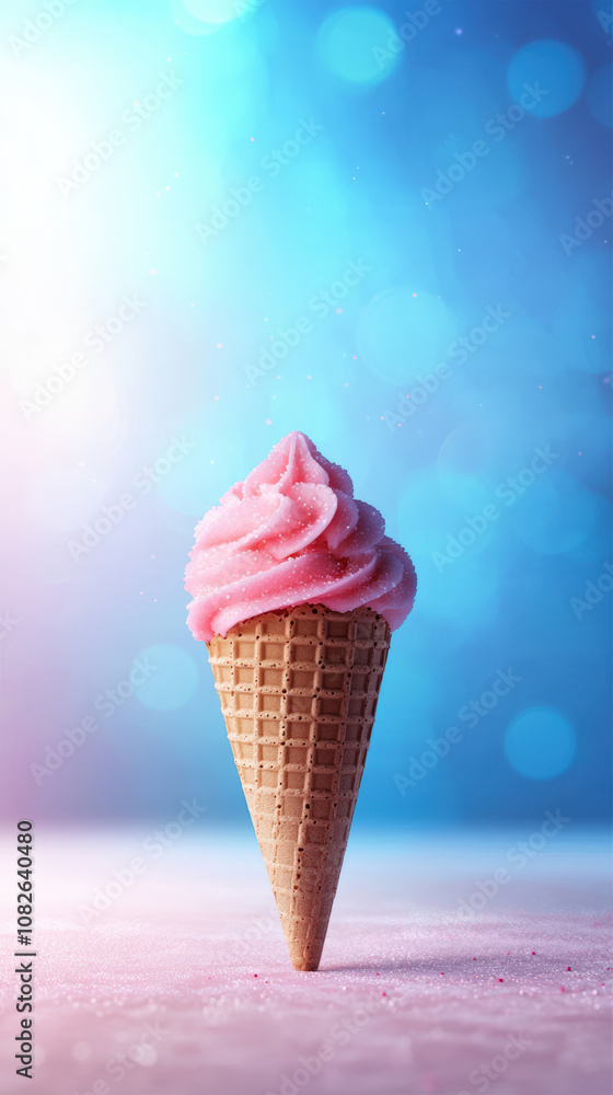 Delight in soft pastel colored ice cream cone, featuring fluffy pink swirl atop classic waffle cone, set against dreamy blue background Delight in soft pastel colored ice cream cone, featuring fluffy pink swirl atop classic waffle cone, set against dreamy blue background