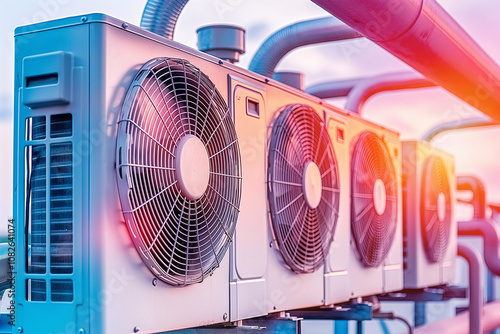 Industrial Air Conditioning Units Against a Sunset Sky