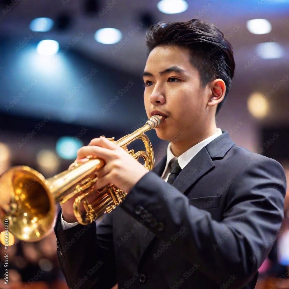 Obraz premium young asian man playing the trumpet in the city