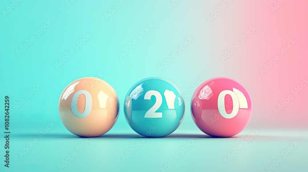 Colorful and Playful 3D Render of Three Glossy Balls with Numbers Representing the Year 2020, Set Against a Soft Gradient Background Colorful and Playful 3D Render of Three Glossy Balls with Numbers Representing the Year 2020, Set Against a Soft Gradient Background