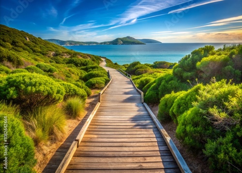 Wallpaper Mural Scenic Wooden Pathway Through Lush Coastal Vegetation Leading to a Tranquil Bay with Distant Hills Under a Clear Blue Sky Inviting Exploration and Wonder in Nature's Beauty Torontodigital.ca