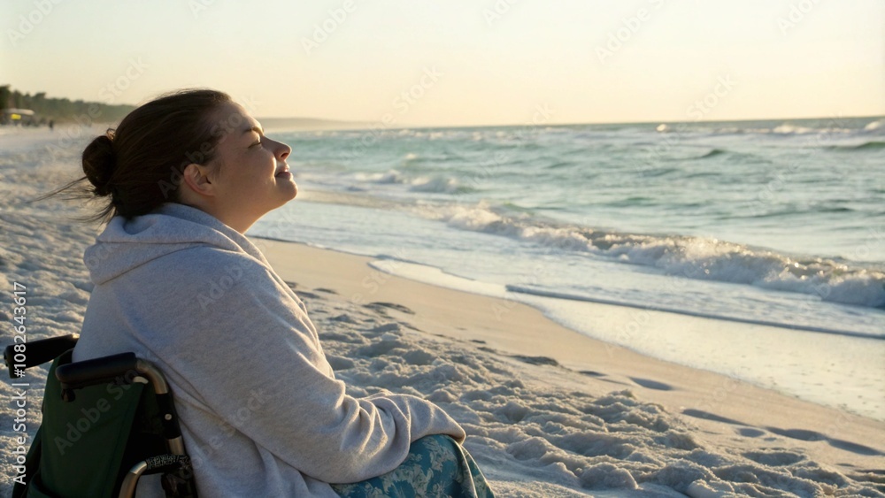 Woman in a wheelchair enjoying the sunset by the beach, symbolizing freedom, serenity, and connection to nature in an accessible setting. Woman in a wheelchair enjoying the sunset by the beach, symbolizing freedom, serenity, and connection to nature in an accessible setting.