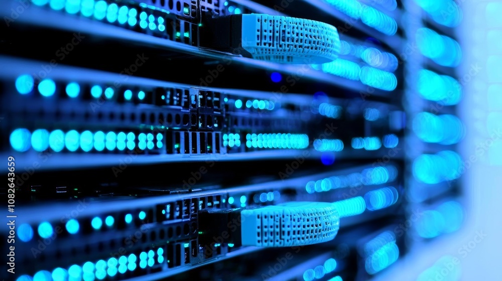 Abstract of modern high tech internet data center room with rows of racks with network and server hardware. , isolated on white background, , copy space, copy space for text, Abstract of modern high tech internet data center room with rows of racks with network and server hardware. , isolated on white background, , copy space, copy space for text,