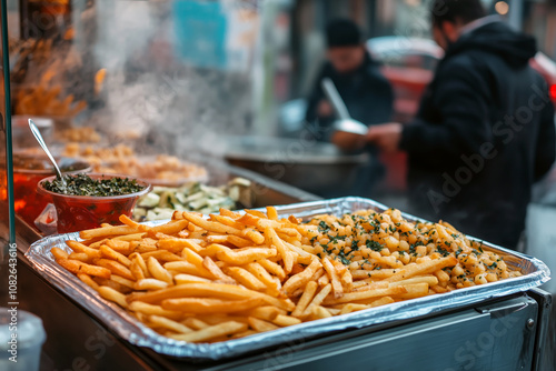 Elegant serving of French fries with unique seasonings, displayed on a modern food tray with a street vendor preparing food in the distance.