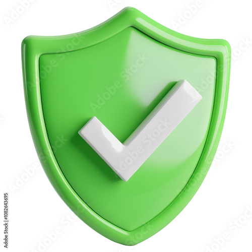 A green shield with a white check mark on it isolated on transparent or white background, png