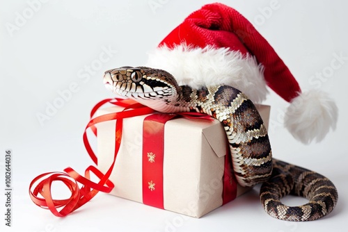 A festive snake wearing a Santa hat rests atop a wrapped gift with red ribbons during the holiday season photo