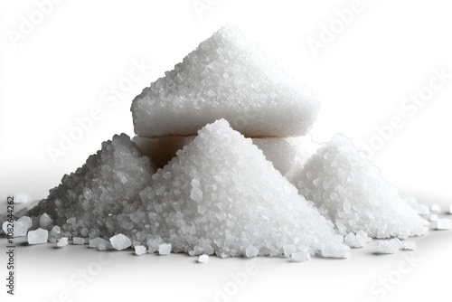 A close-up of mounds of white sugar against a plain background, highlighting its crystalline texture and purity, isolate on white background. photo