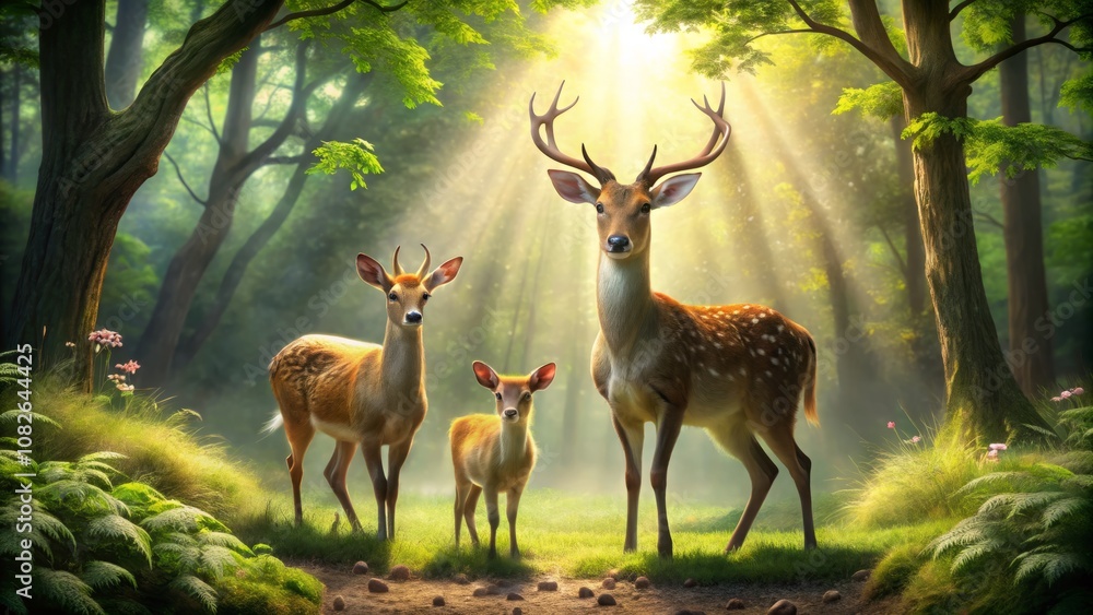 Obraz premium Serene Scene of a Deer Family in a Lush Green Forest Surrounded by Tranquil Nature with Gentle Sunlight Filtering Through the Trees, Perfect for Wildlife and Family Imagery