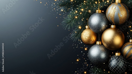 Elegant Dark Shimmering Background with Gold and Silver Sparkling Ornaments Surrounded by Green Foliage for Festive Seasonal Decor and Stylish Celebrations