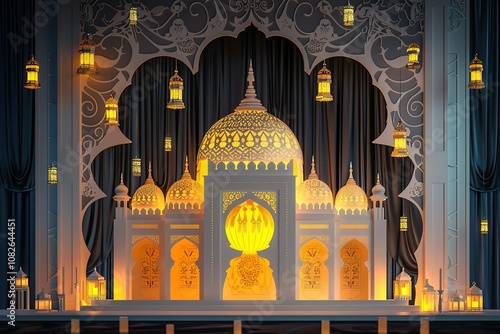 golden glossy, A design of a colorful patterned invitation or greeting card A stage with a white paper cutout of a mosque with intricate details, with a bright yellow lantern hanging in the center, 
