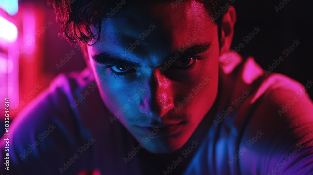 Intense portrait of a young man neon-lit room photography close-up dramatic mood Intense portrait of a young man neon-lit room photography close-up dramatic mood